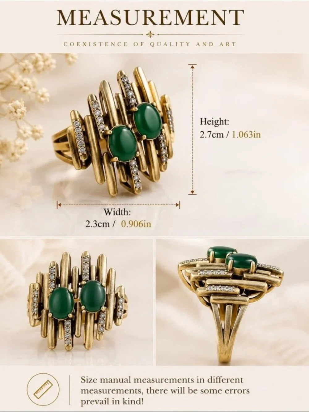 Vintage Gold-Tone Green Stone Statement Ring by